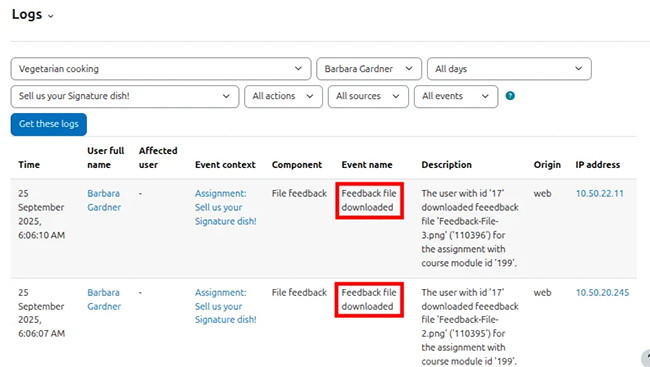 Screenshot showing logged feedback download activity