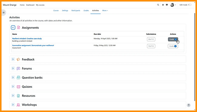 Screenshot of Moodle Activities overview