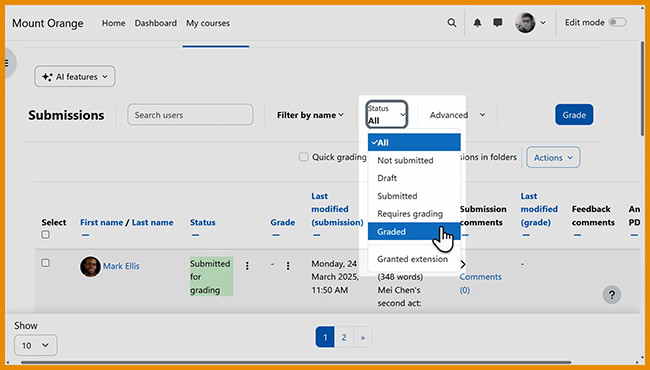Screenshot of filtering assignment by 'Graded'